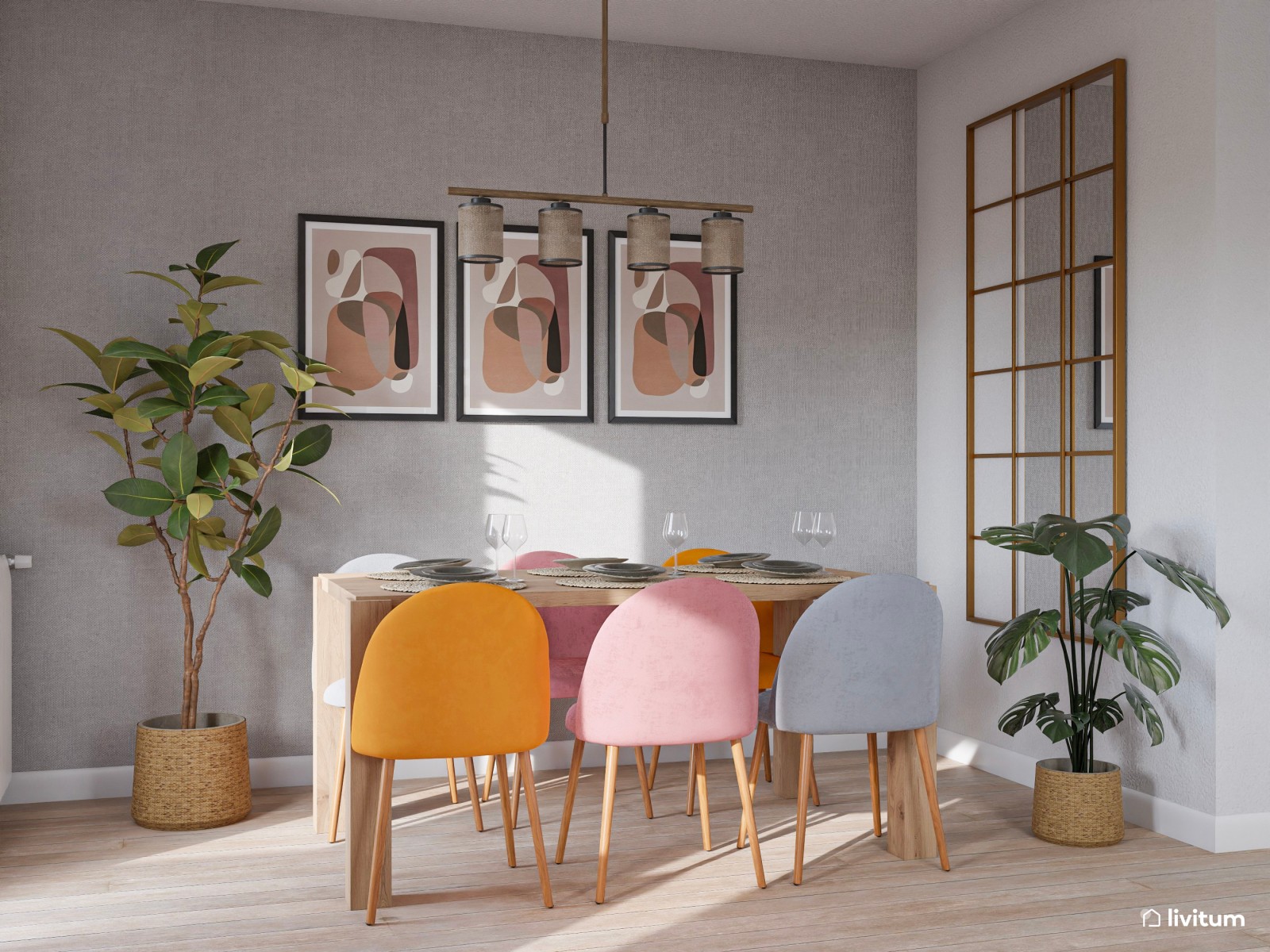 Salón comedor colorido con papel pintado