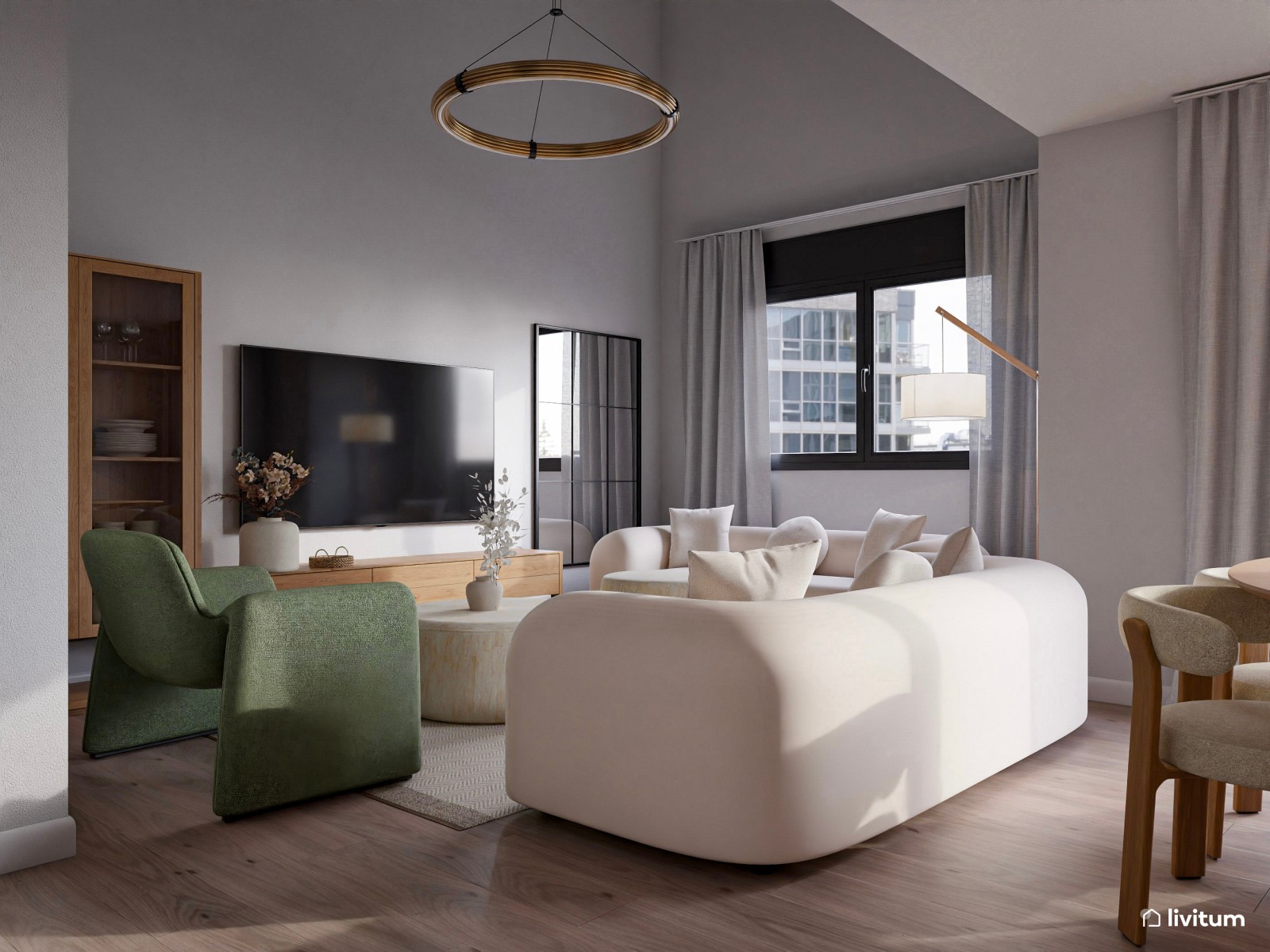 Salón comedor con atrevidos muebles bold y detalles en verde