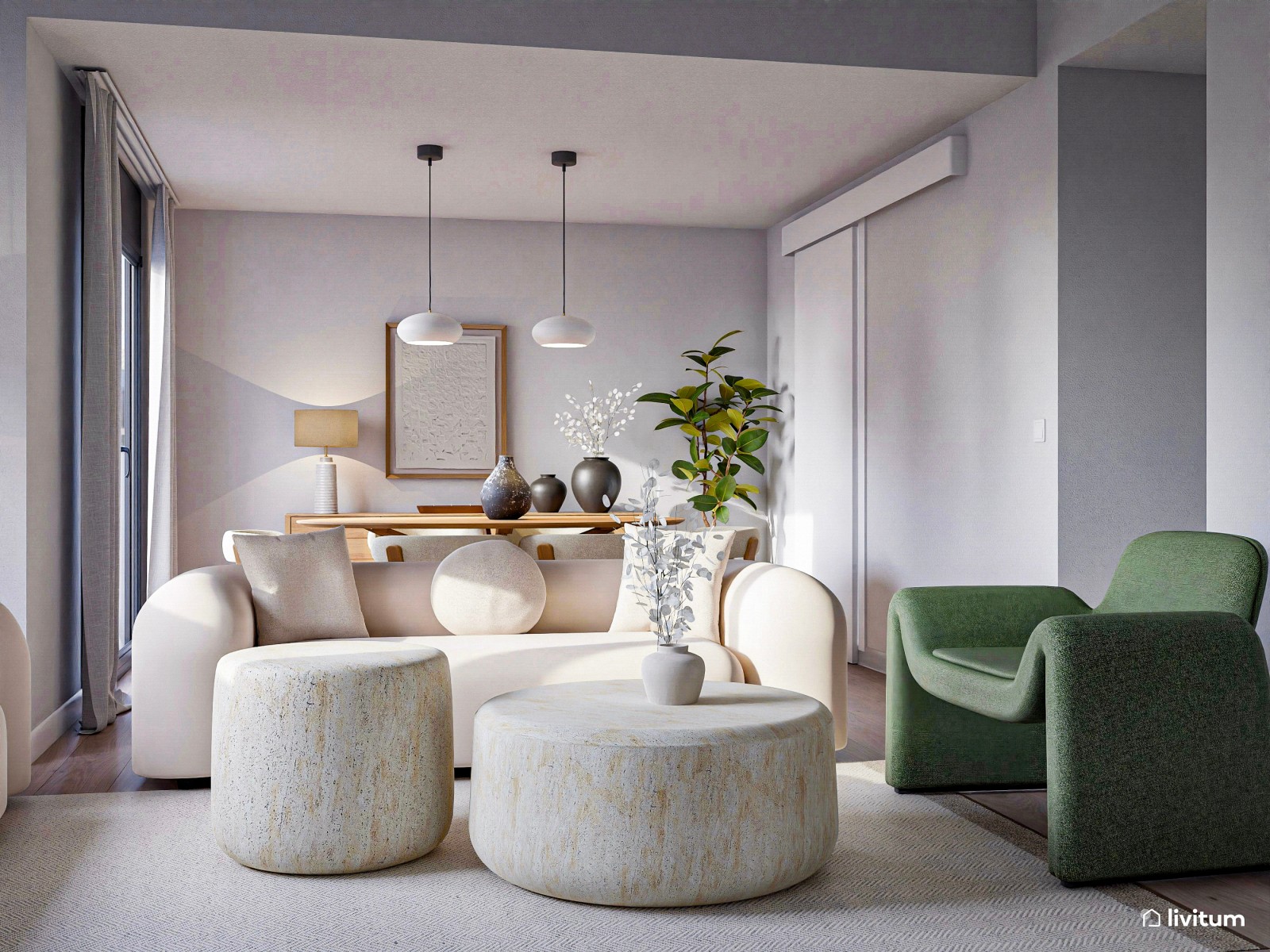 Salón comedor con atrevidos muebles bold y detalles en verde