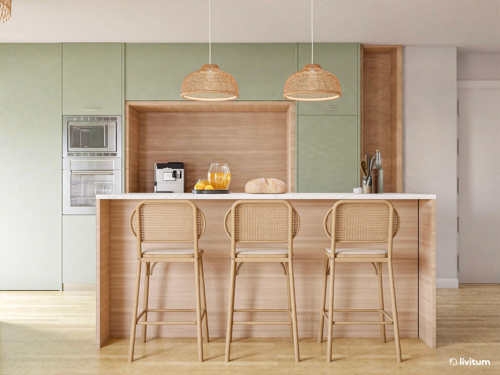 Salón comedor con bonita cocina abierta en verde