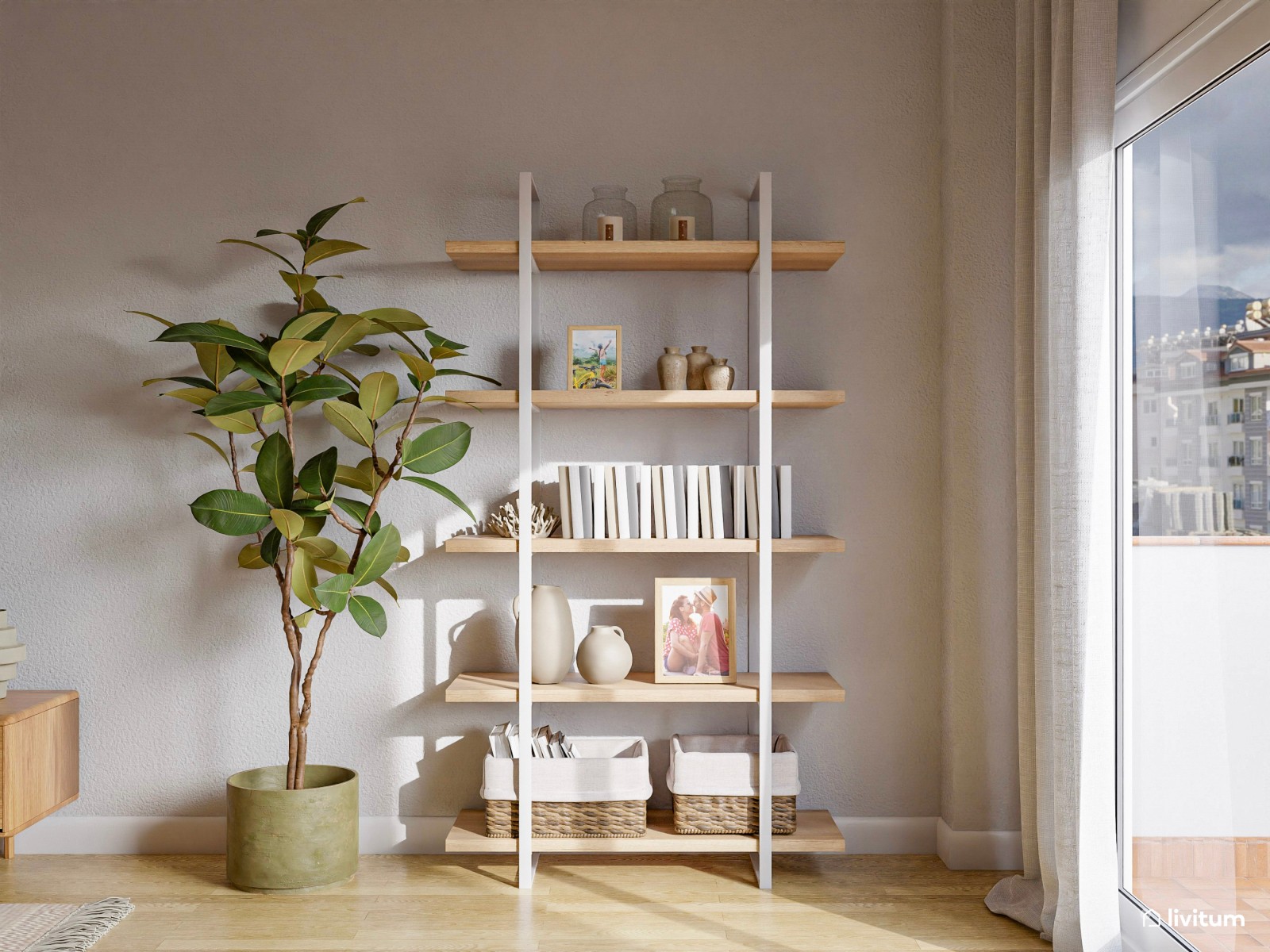 Salón comedor con bonita cocina abierta en verde