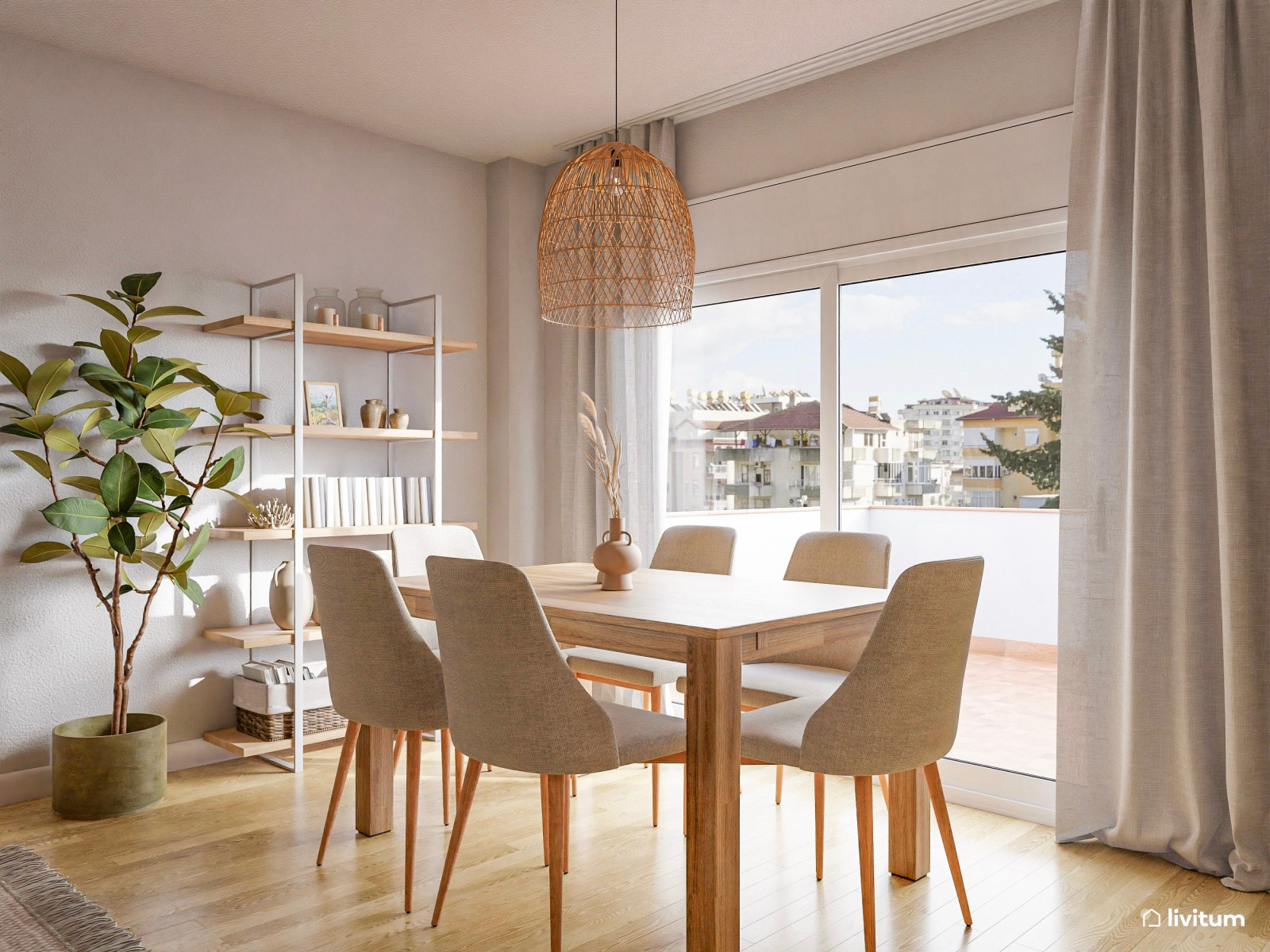 Salón comedor con bonita cocina abierta en verde