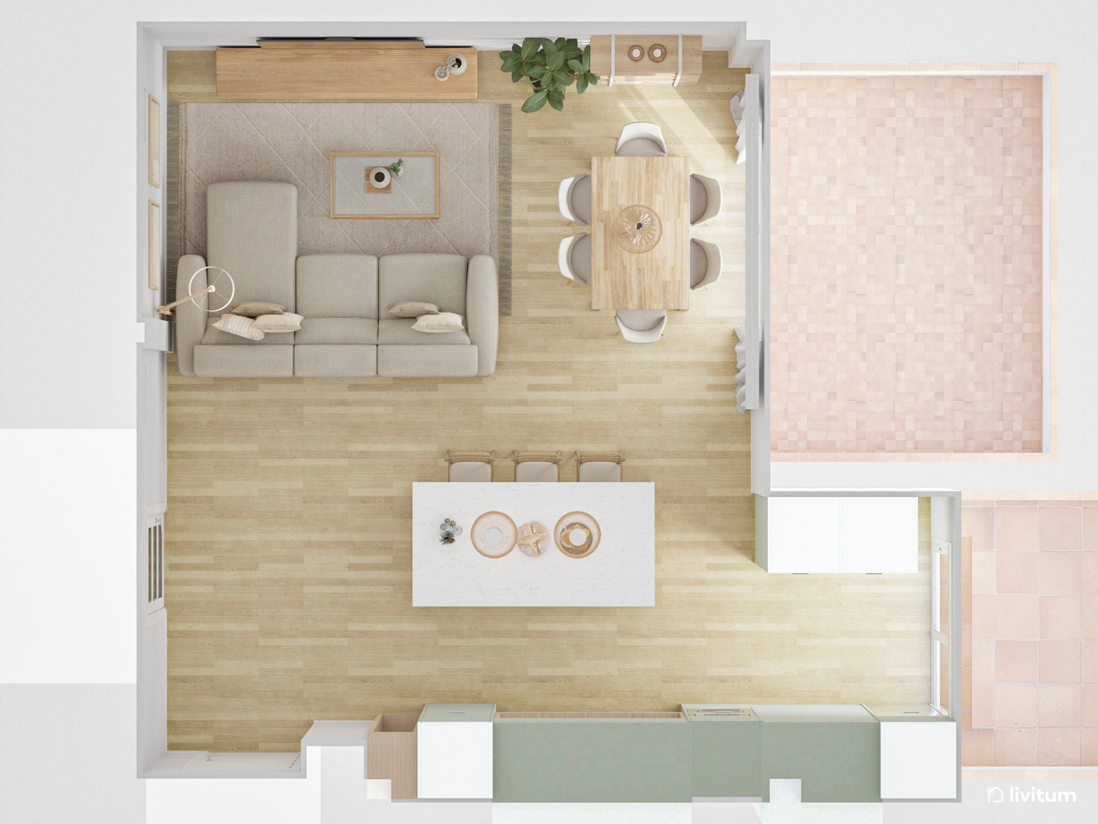 Salón comedor con bonita cocina abierta en verde
