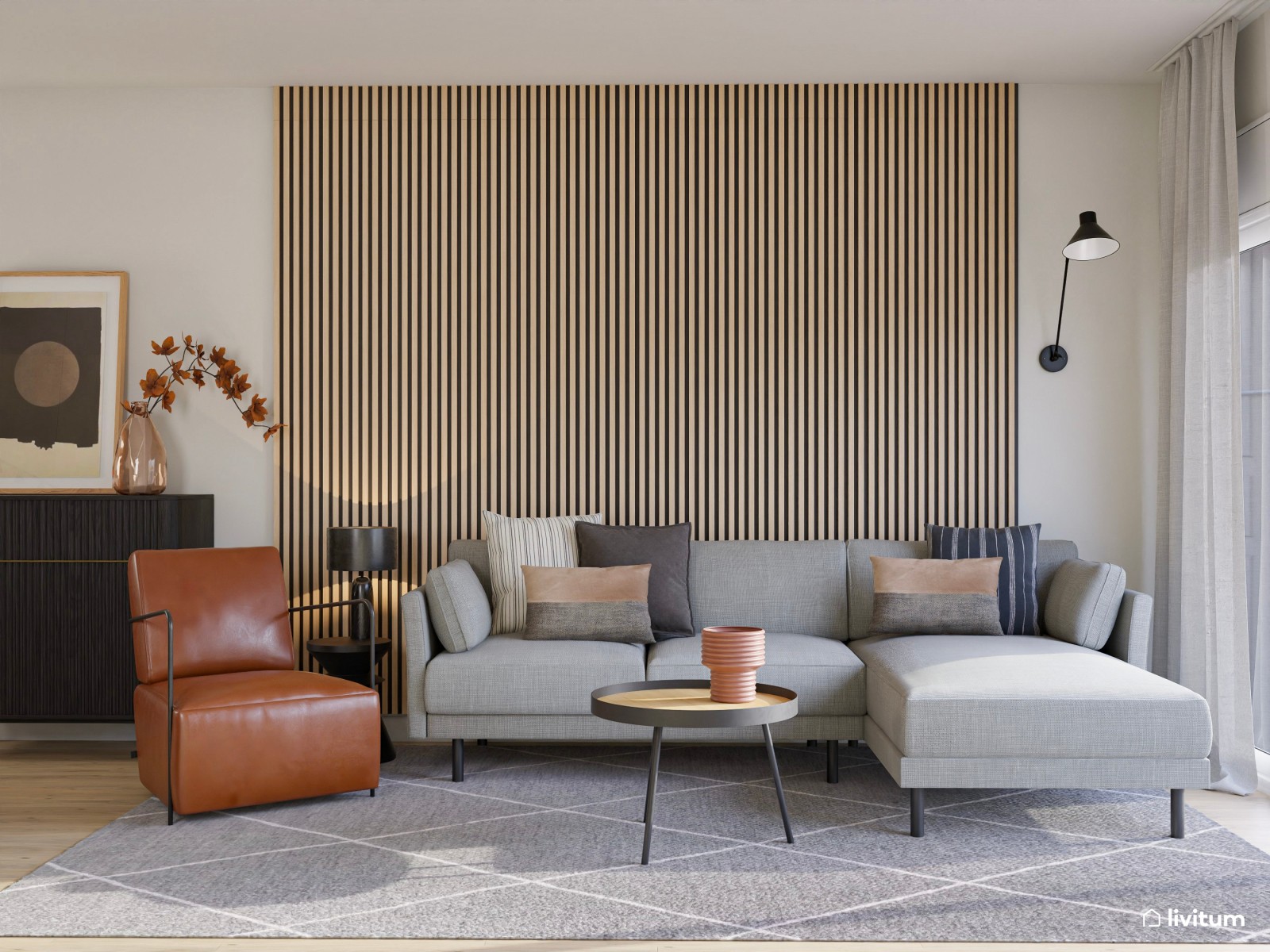 Salón comedor con butaca marrón y listones de madera 