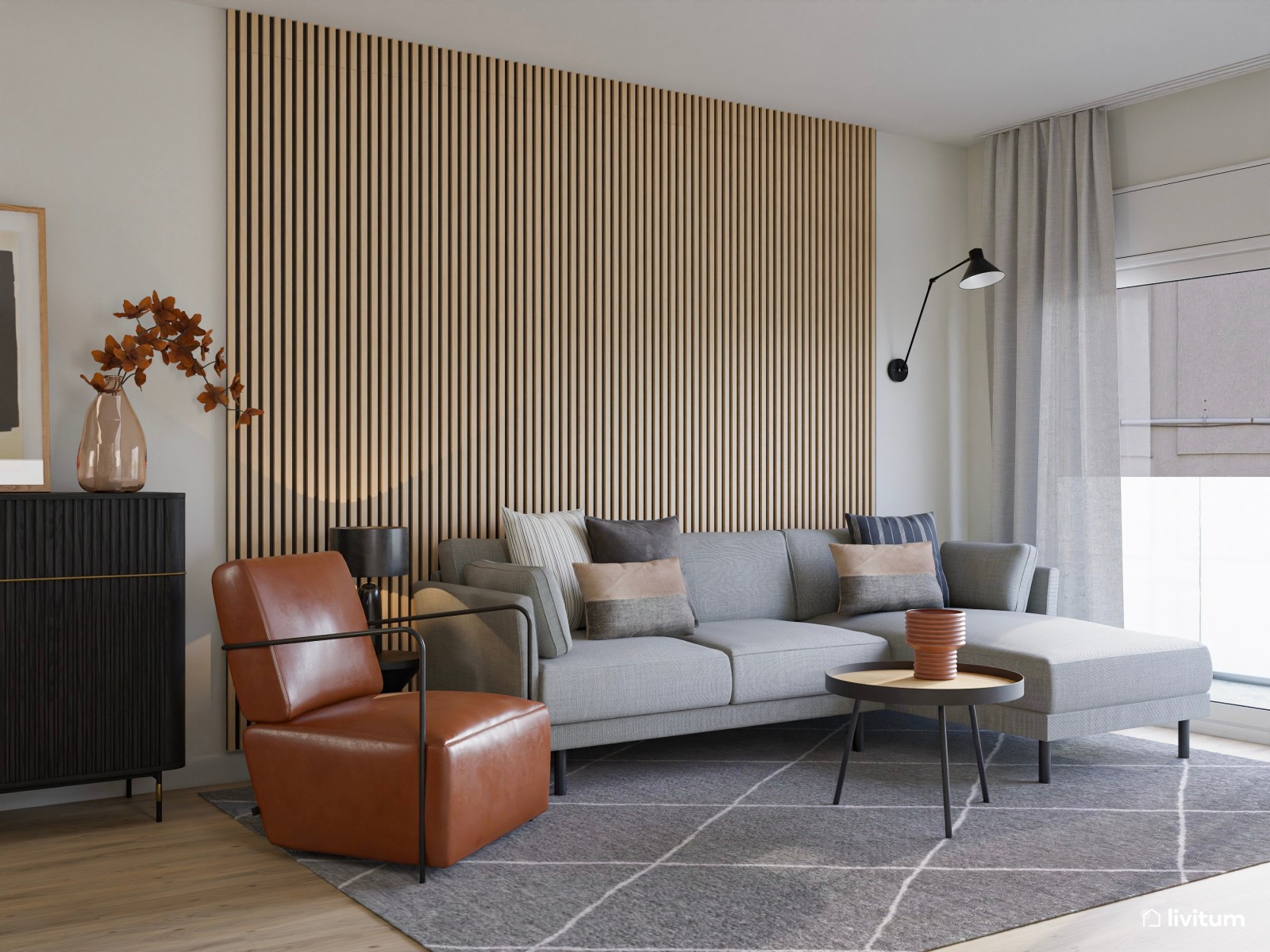 Salón comedor con butaca marrón y listones de madera 