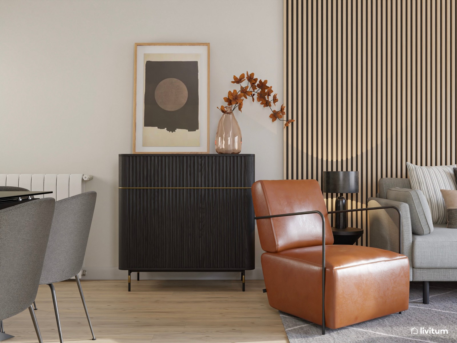 Salón comedor con butaca marrón y listones de madera 