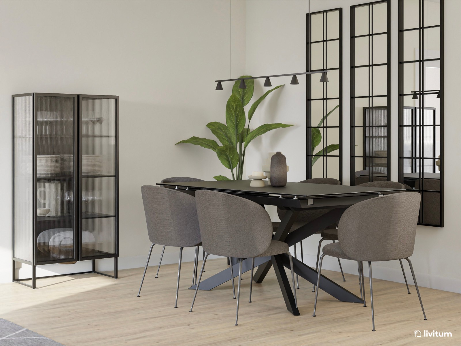 Salón comedor con butaca marrón y listones de madera 