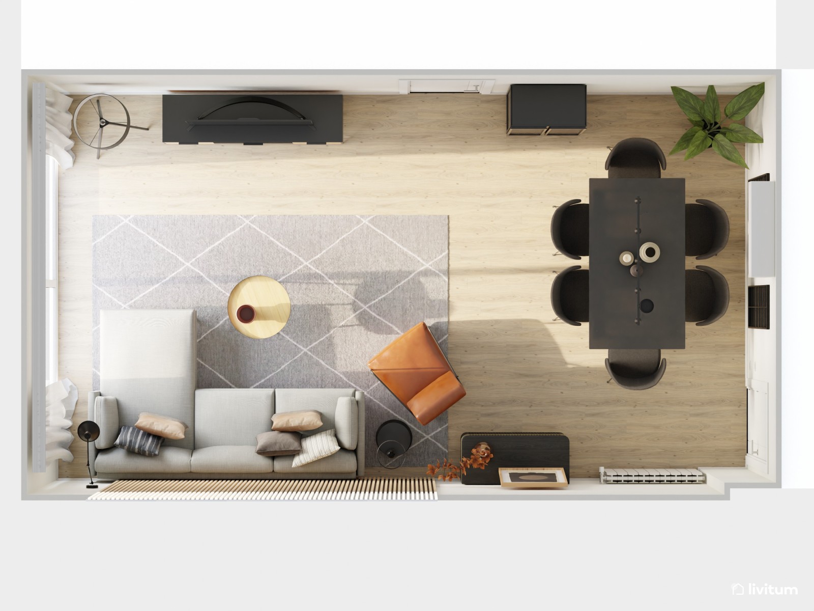 Salón comedor con butaca marrón y listones de madera 
