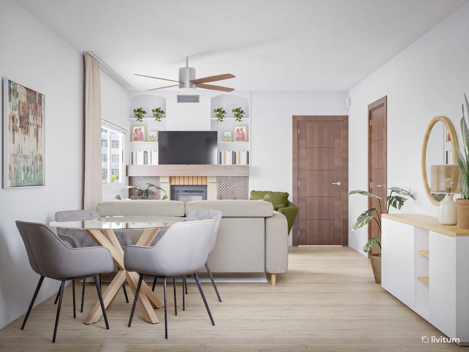 Salón comedor con chimenea con detalles verdes 