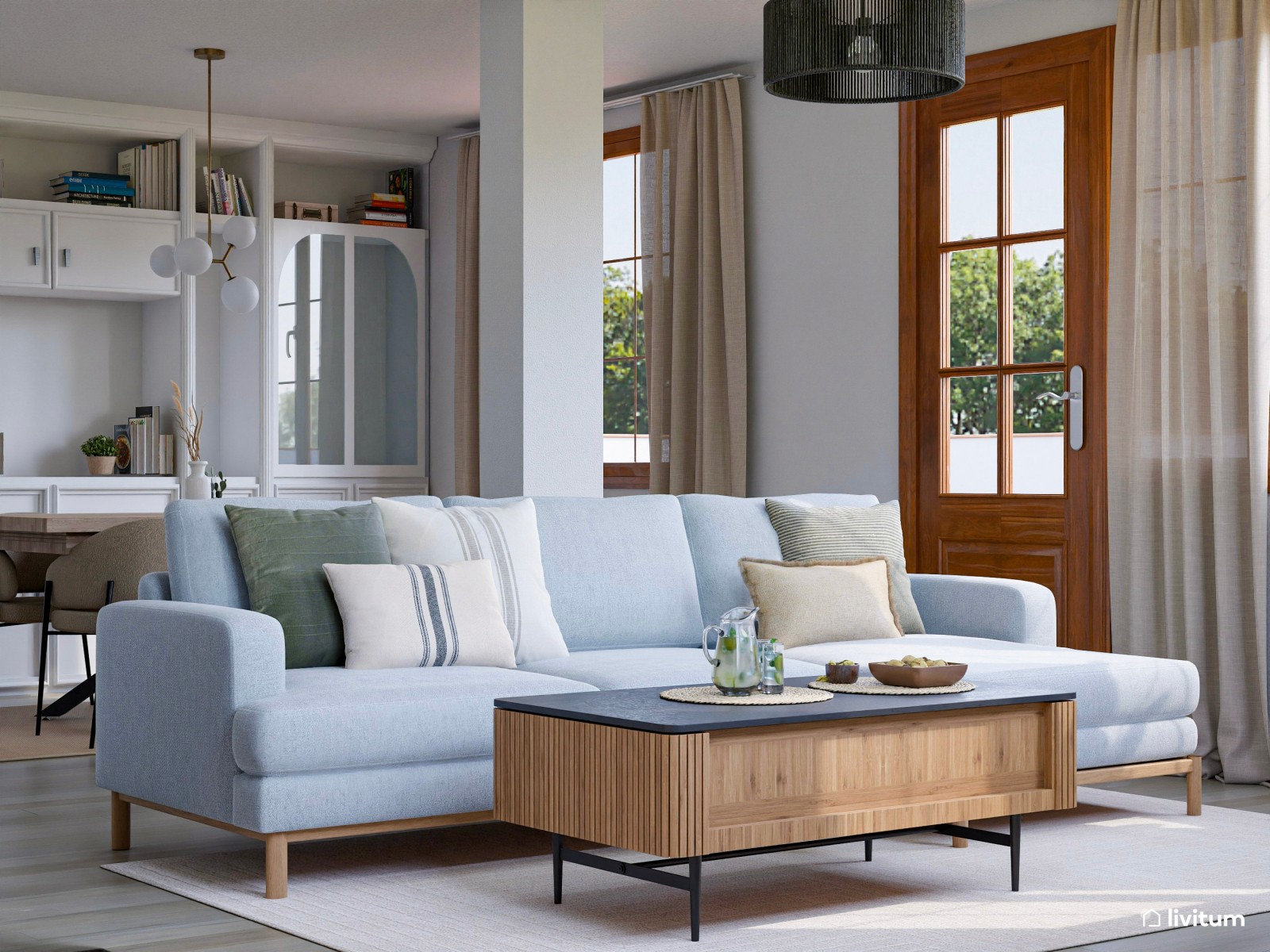 Salón comedor con chimenea en blanco y madera oscura