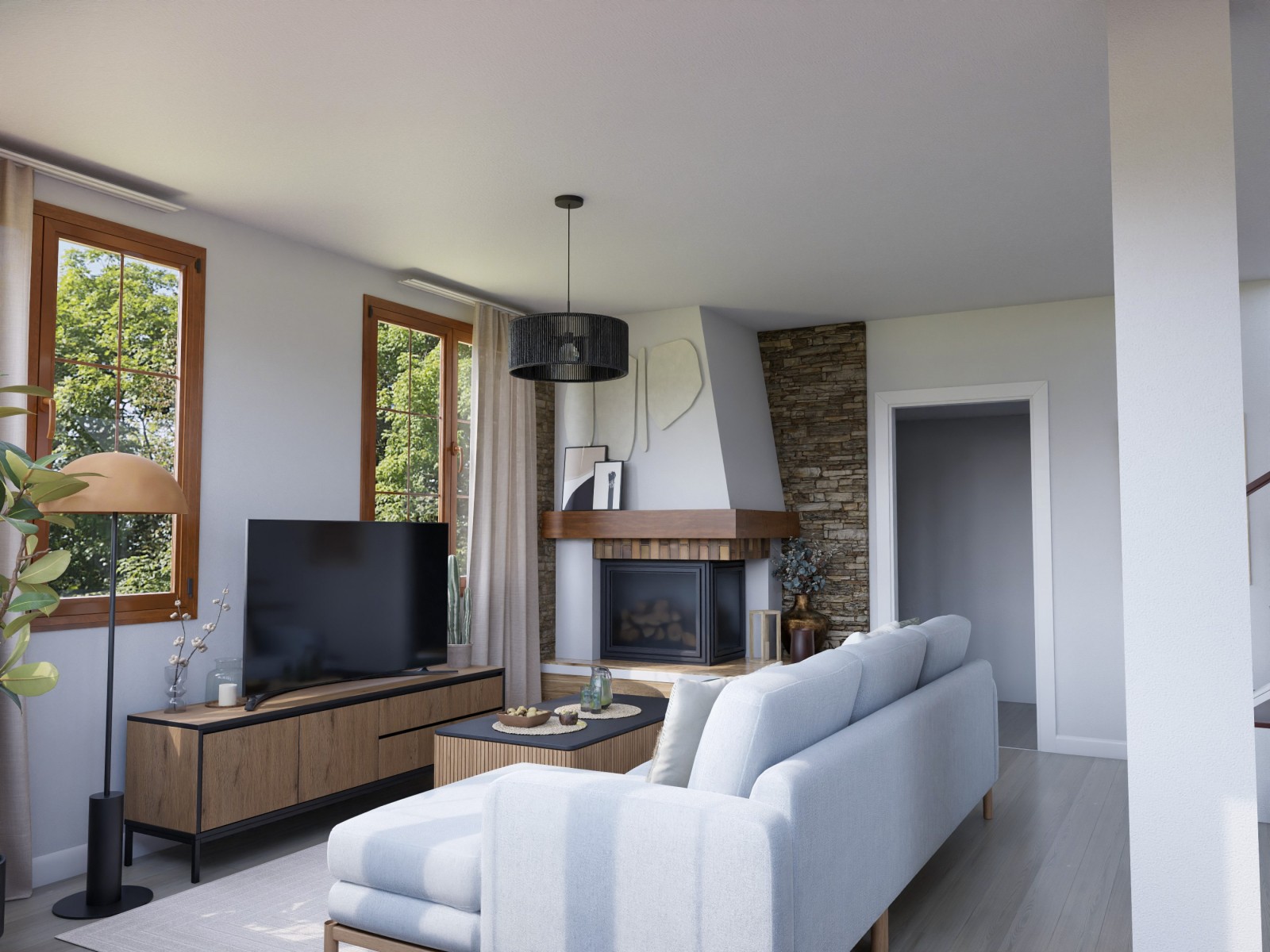 Salón comedor con chimenea en blanco y madera oscura