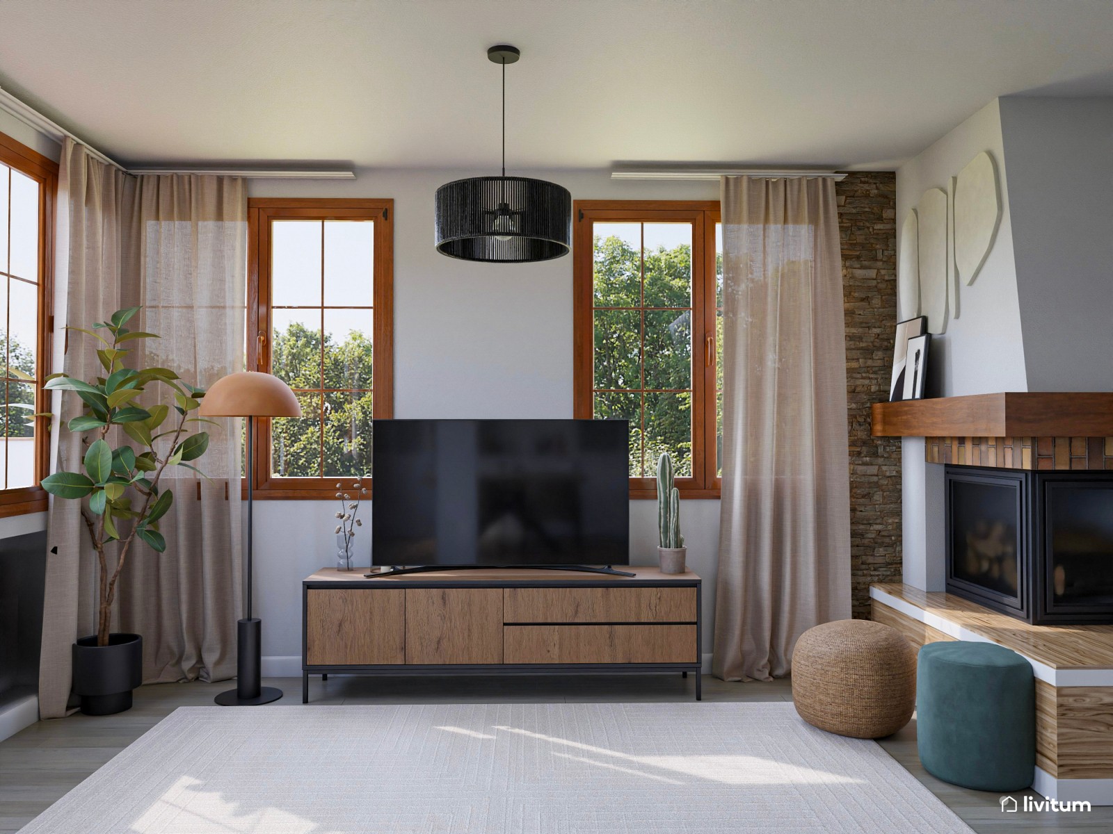 Salón comedor con chimenea en blanco y madera oscura