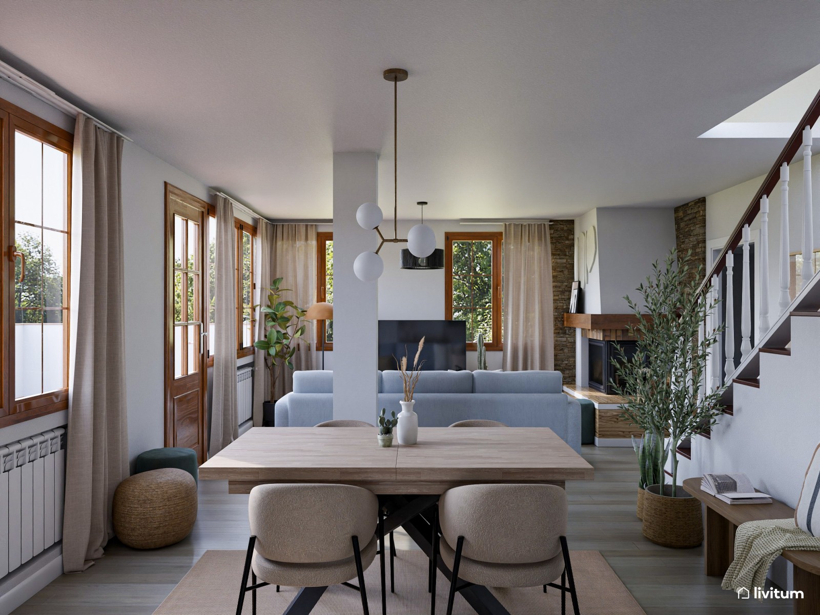 Salón comedor con chimenea en blanco y madera oscura