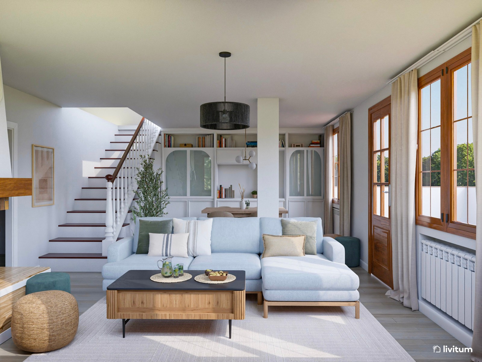 Salón comedor con chimenea en blanco y madera oscura