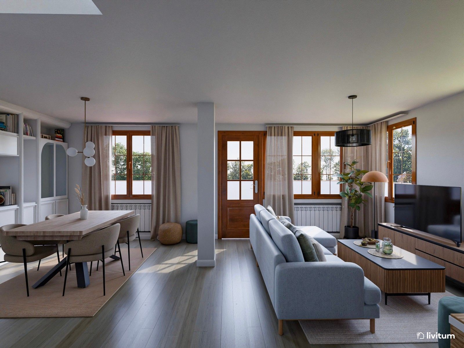 Salón comedor con chimenea en blanco y madera oscura