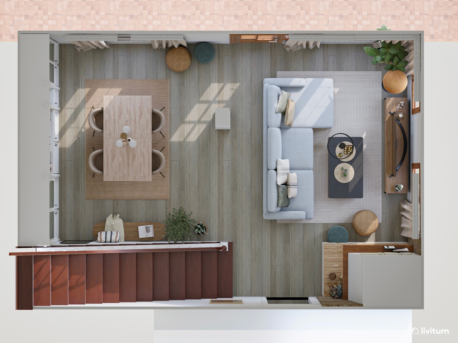 Salón comedor con chimenea en blanco y madera oscura