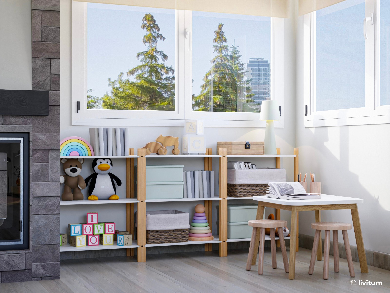 Salón comedor con chimenea y zona de juegos