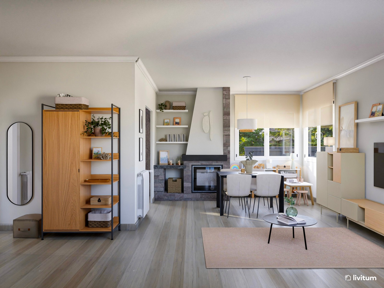 Salón comedor con chimenea y zona de juegos