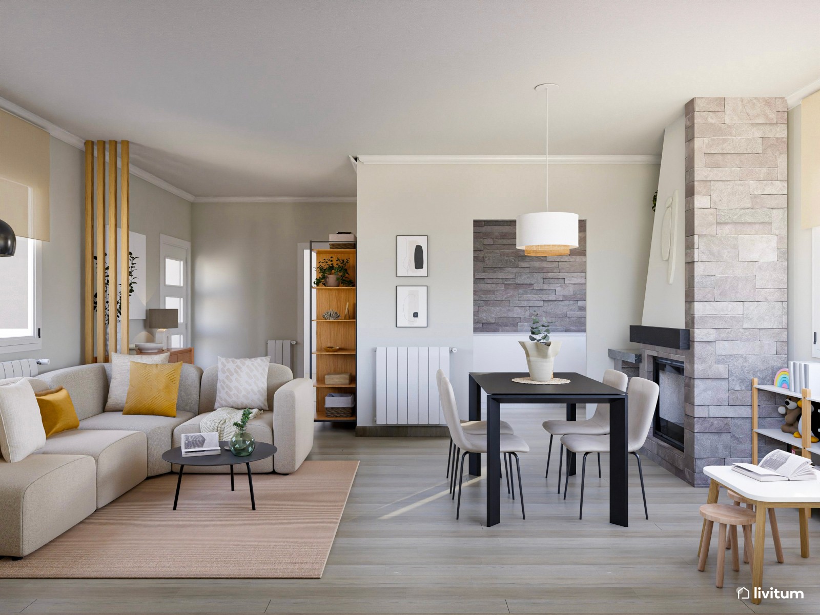 Salón comedor con chimenea y zona de juegos