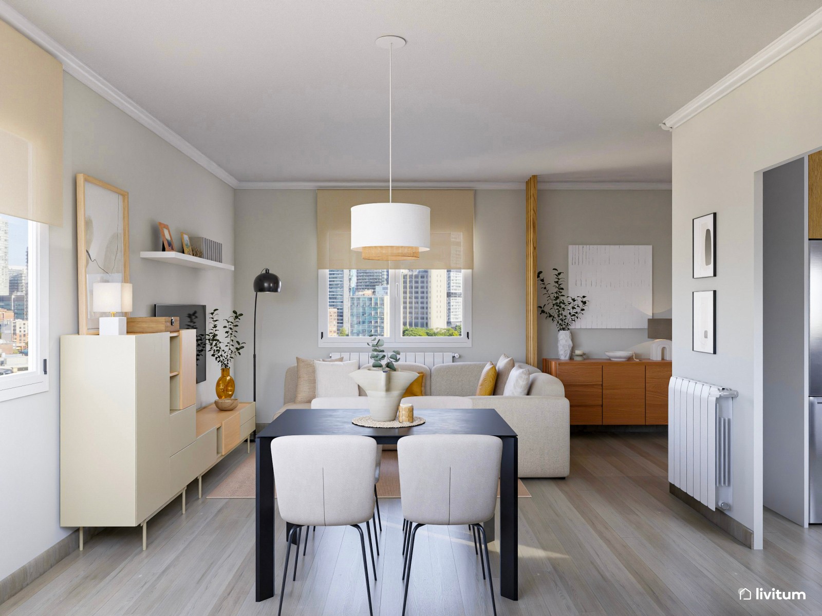 Salón comedor con chimenea y zona de juegos