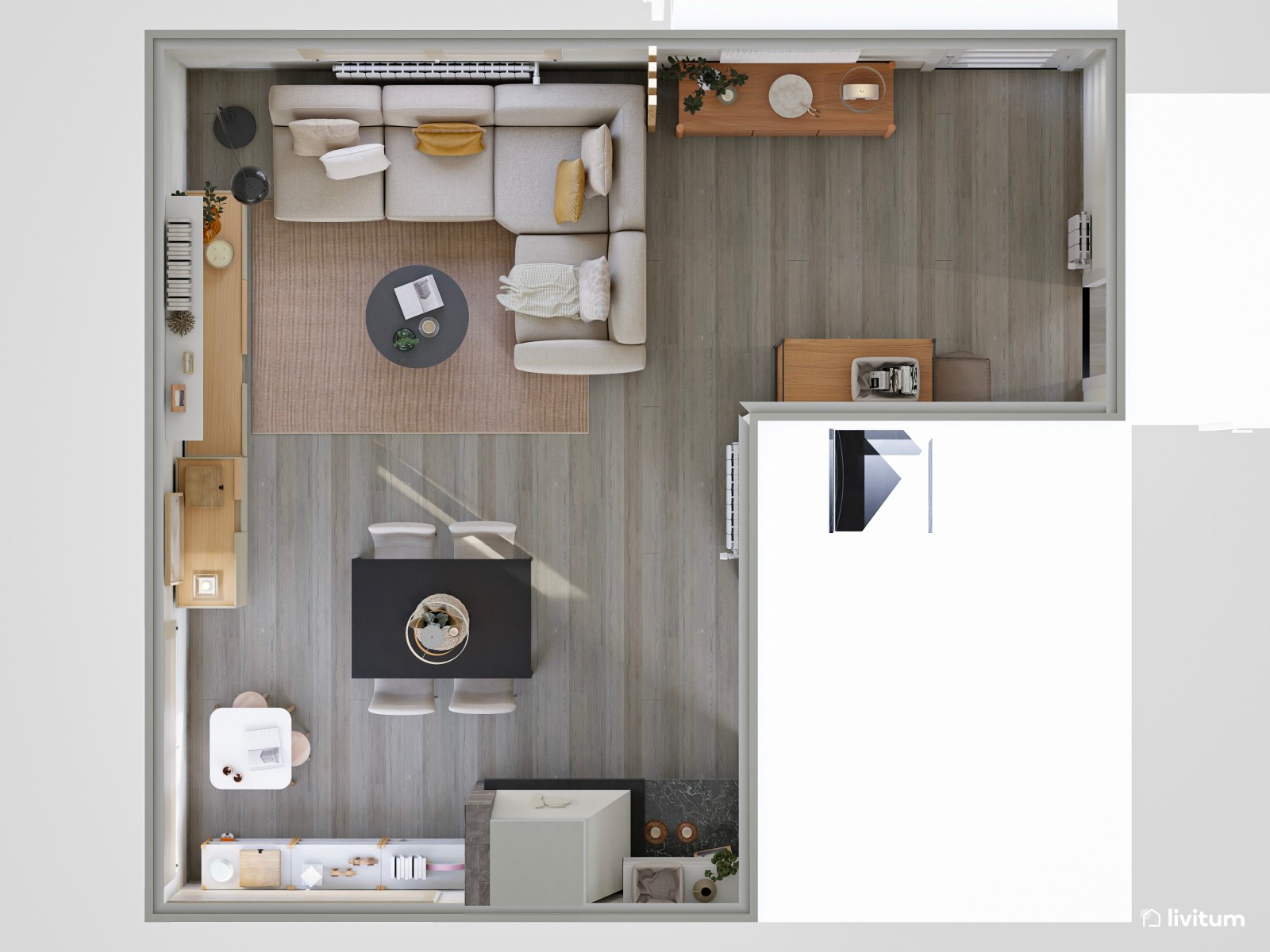 Salón comedor con chimenea y zona de juegos