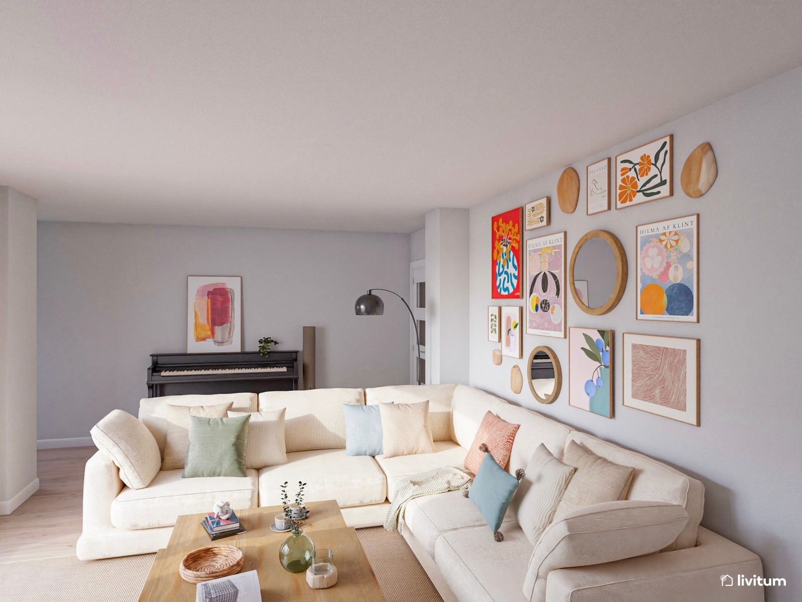 Salón comedor con cocina abierta con divertida pared repleta de cuadros