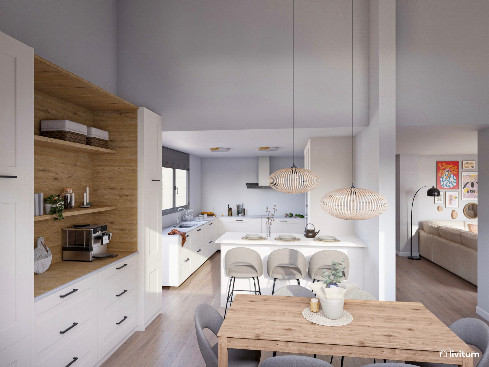 Salón comedor con cocina abierta con divertida pared repleta de cuadros