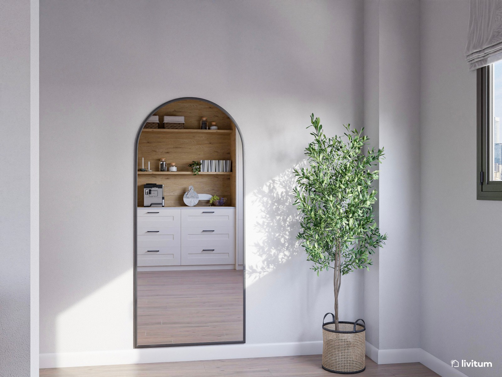 Salón comedor con cocina abierta con divertida pared repleta de cuadros
