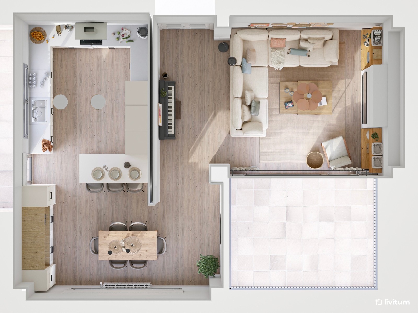 Salón comedor con cocina abierta con divertida pared repleta de cuadros