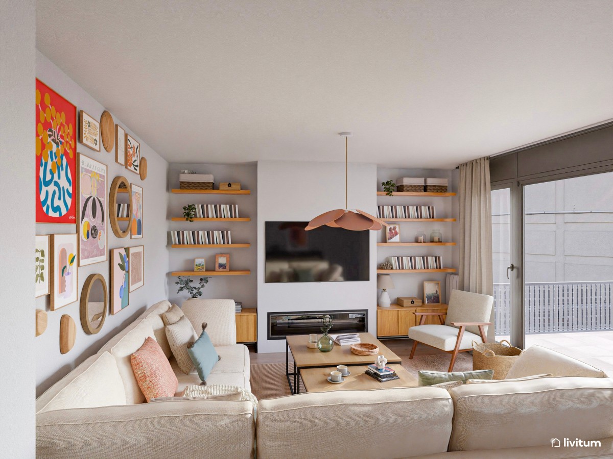 Salón comedor con cocina abierta con divertida pared repleta de cuadros
