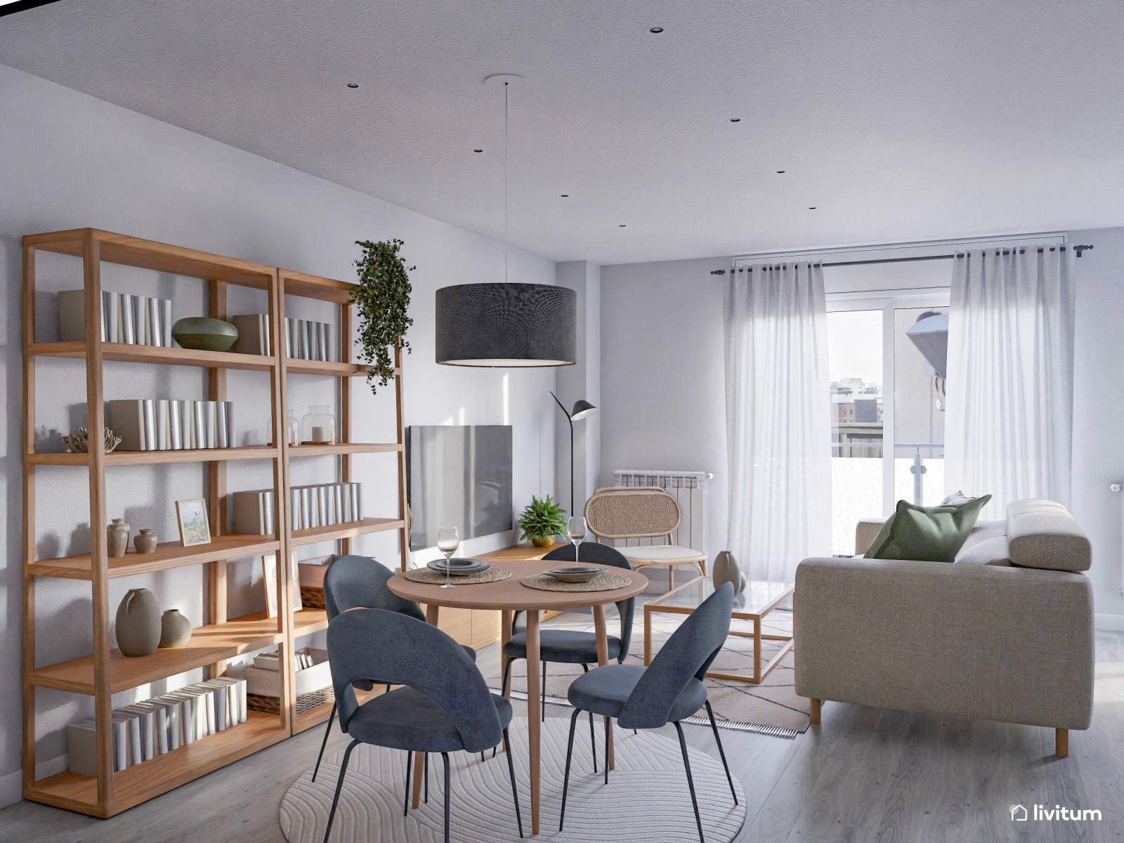 Salón comedor con cocina abierta con mucha madera y detalles azules