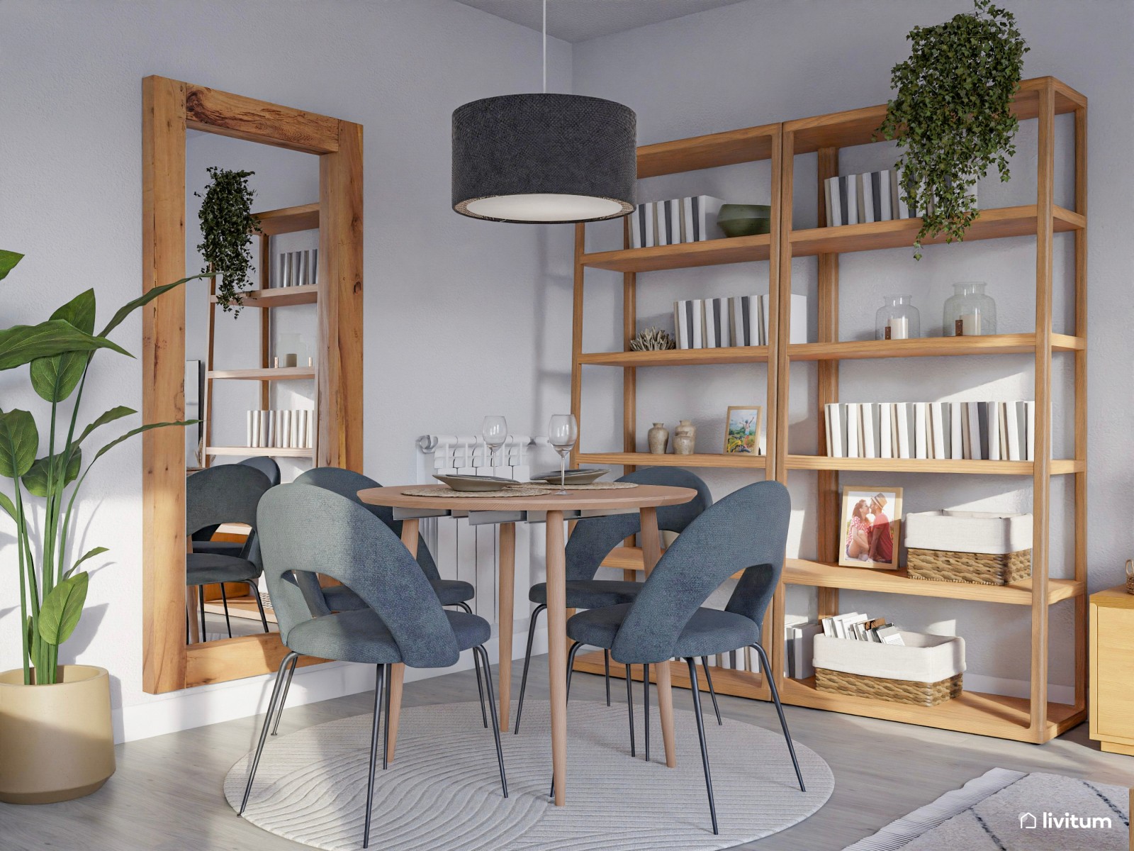 Salón comedor con cocina abierta con mucha madera y detalles azules