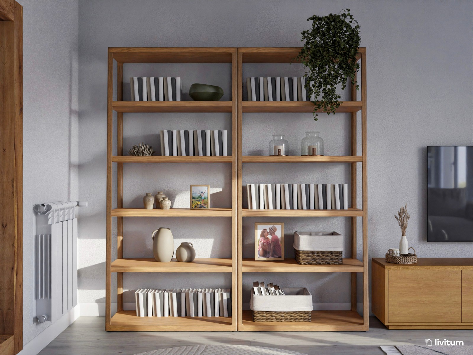 Salón comedor con cocina abierta con mucha madera y detalles azules