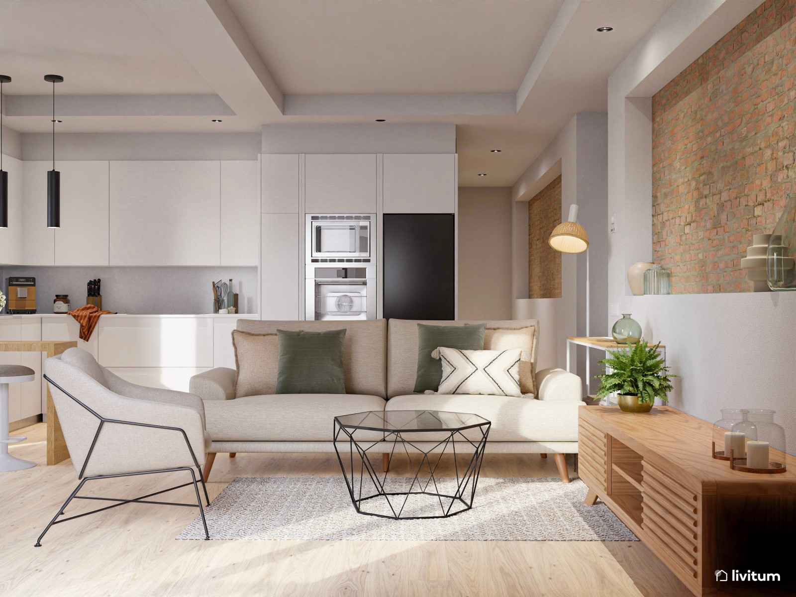 Salón comedor con cocina abierta con pequeño rincón de ladrillos vistos