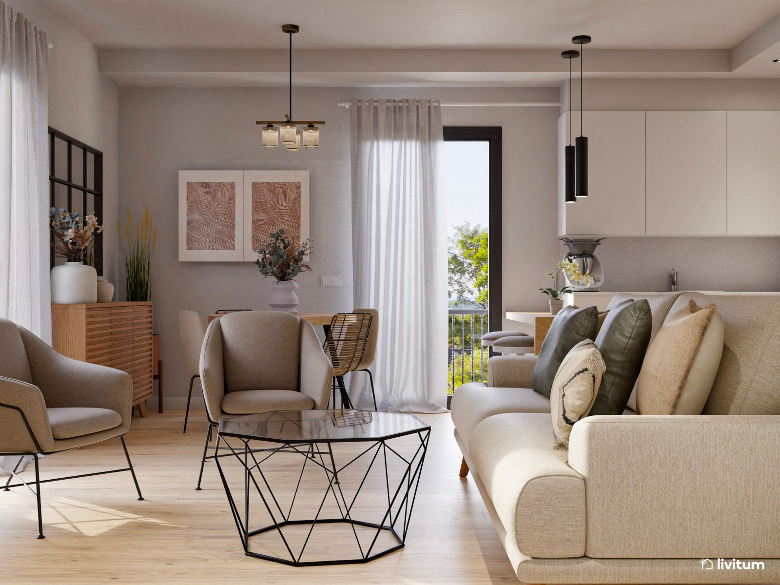 Salón comedor con cocina abierta con pequeño rincón de ladrillos vistos