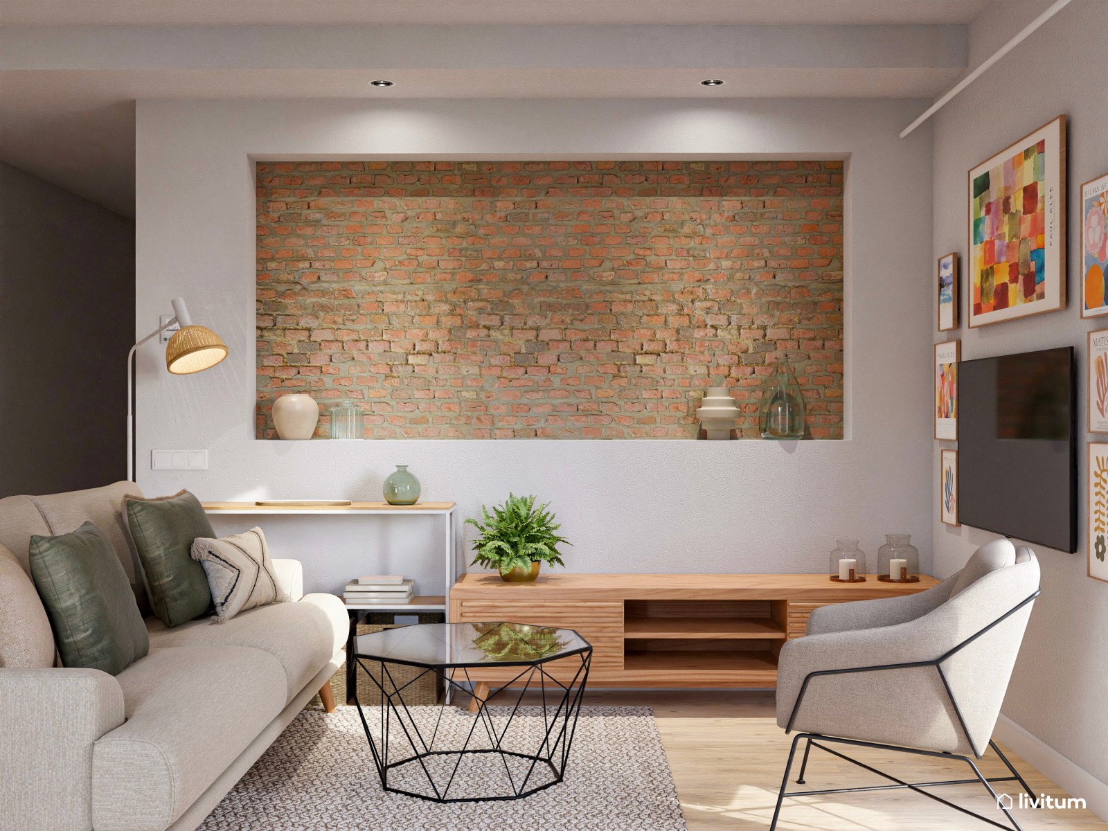 Salón comedor con cocina abierta con pequeño rincón de ladrillos vistos