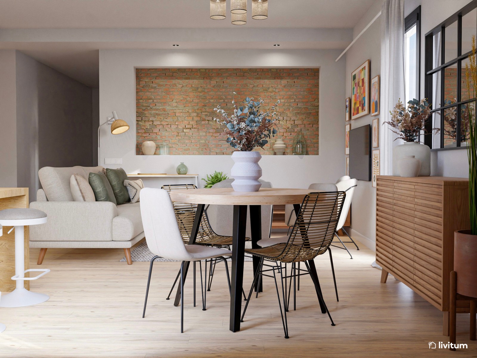 Salón comedor con cocina abierta con pequeño rincón de ladrillos vistos
