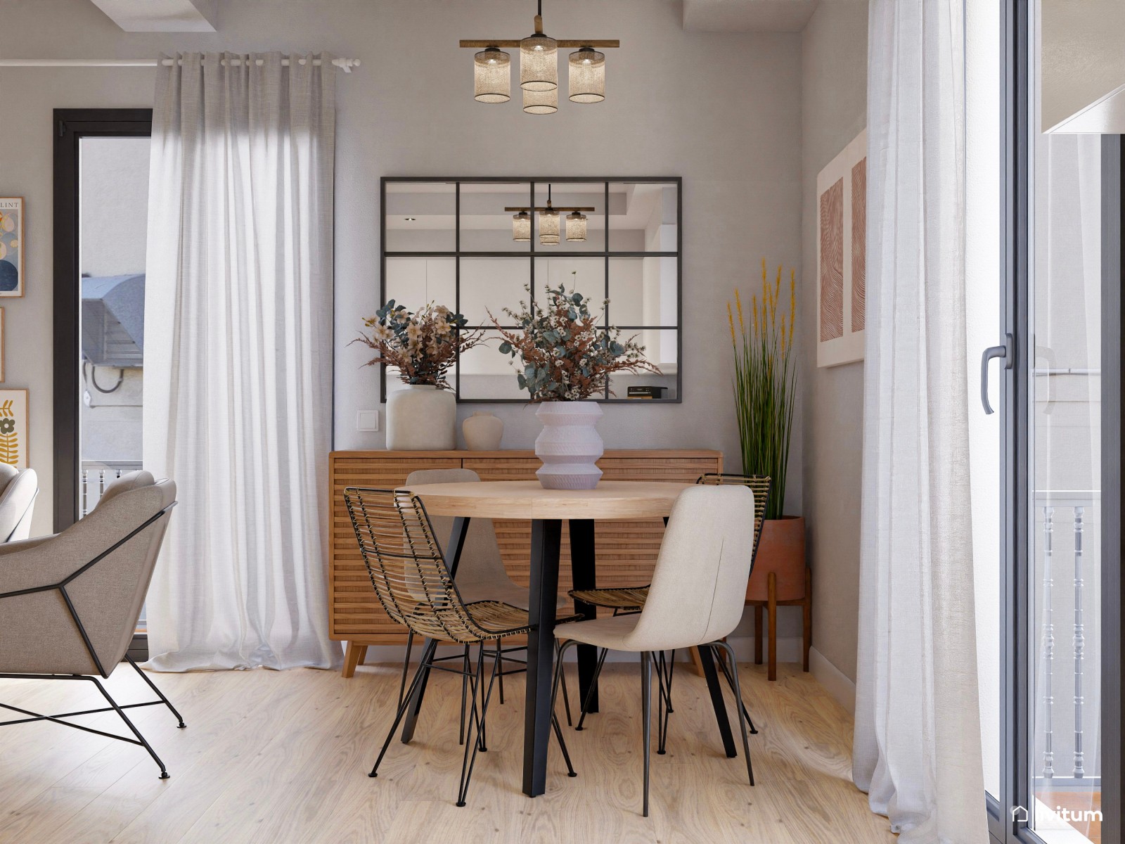 Salón comedor con cocina abierta con pequeño rincón de ladrillos vistos