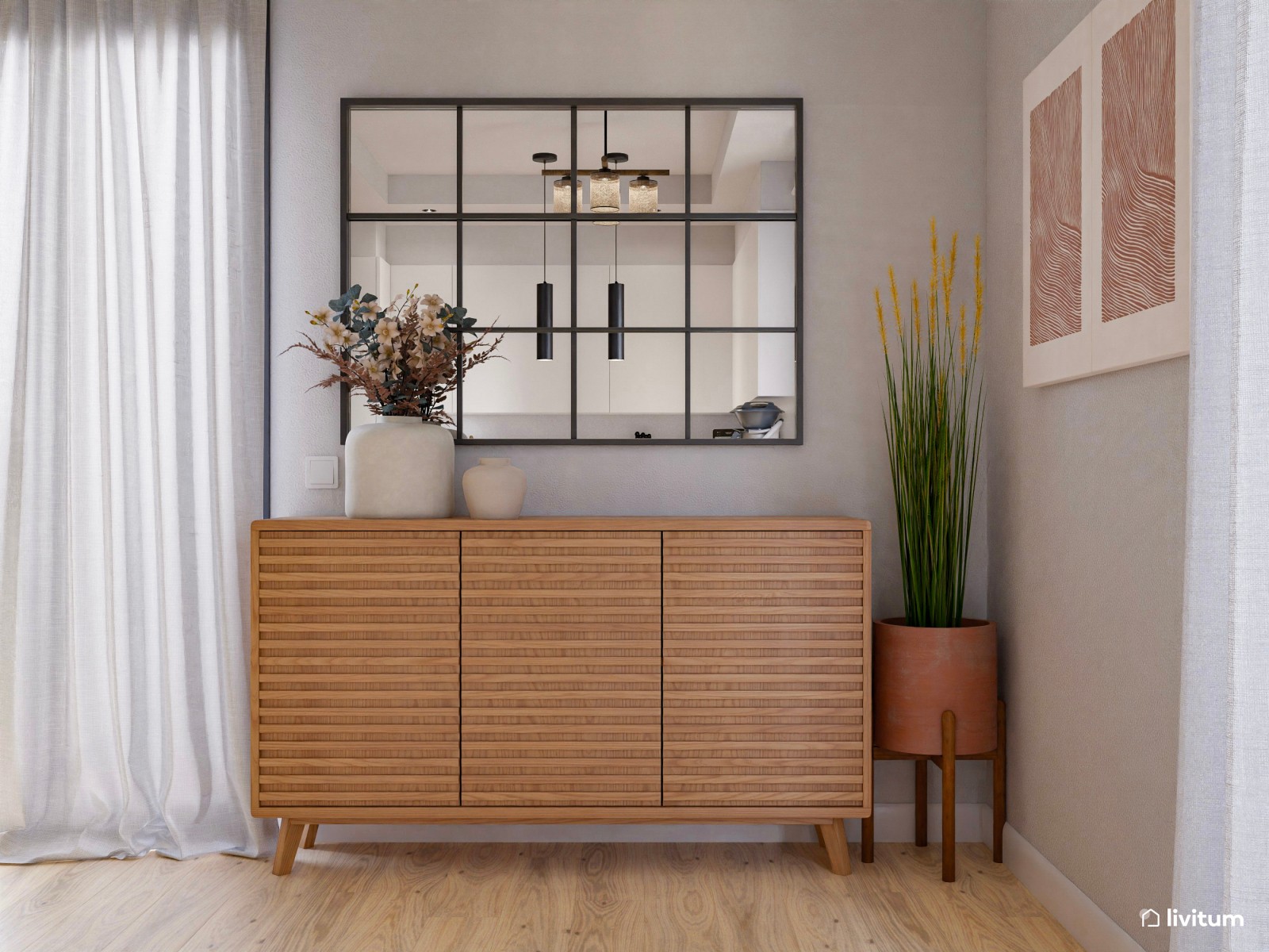 Salón comedor con cocina abierta con pequeño rincón de ladrillos vistos