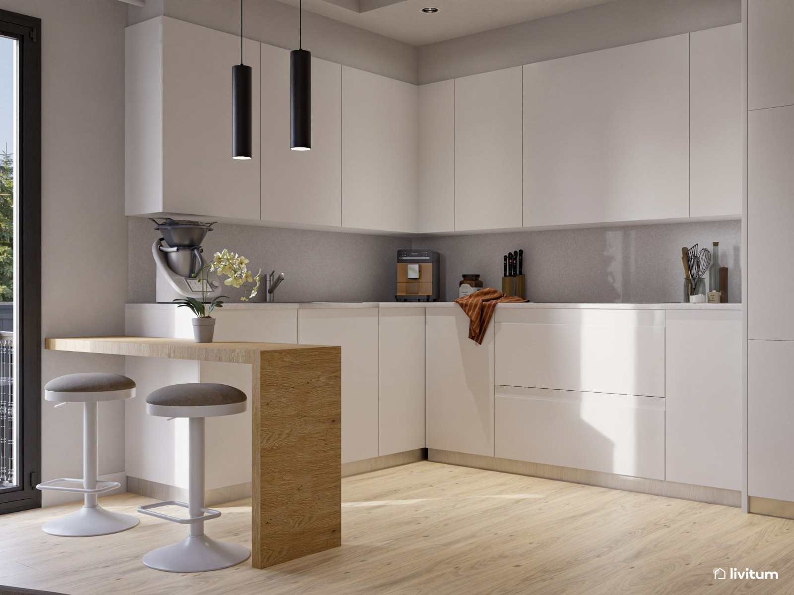 Salón comedor con cocina abierta con pequeño rincón de ladrillos vistos