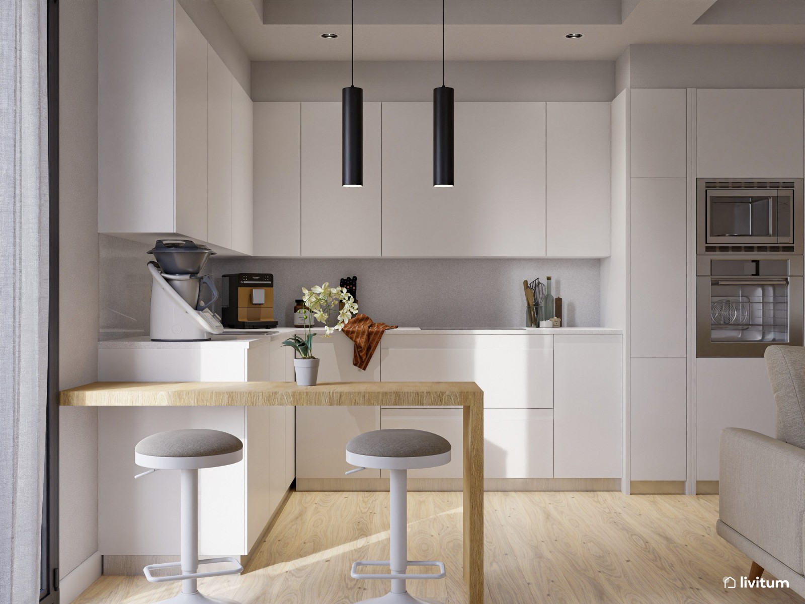 Salón comedor con cocina abierta con pequeño rincón de ladrillos vistos