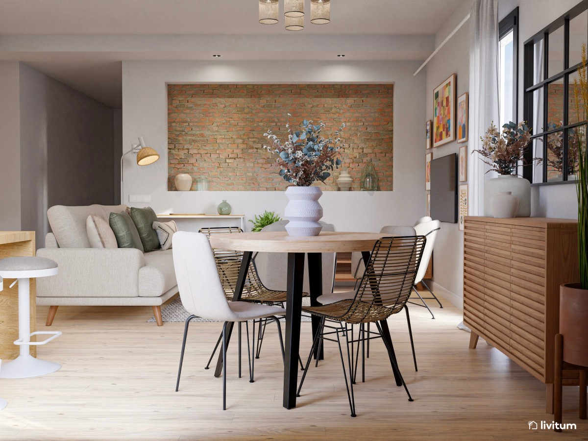 Salón comedor con cocina abierta con pequeño rincón de ladrillos vistos