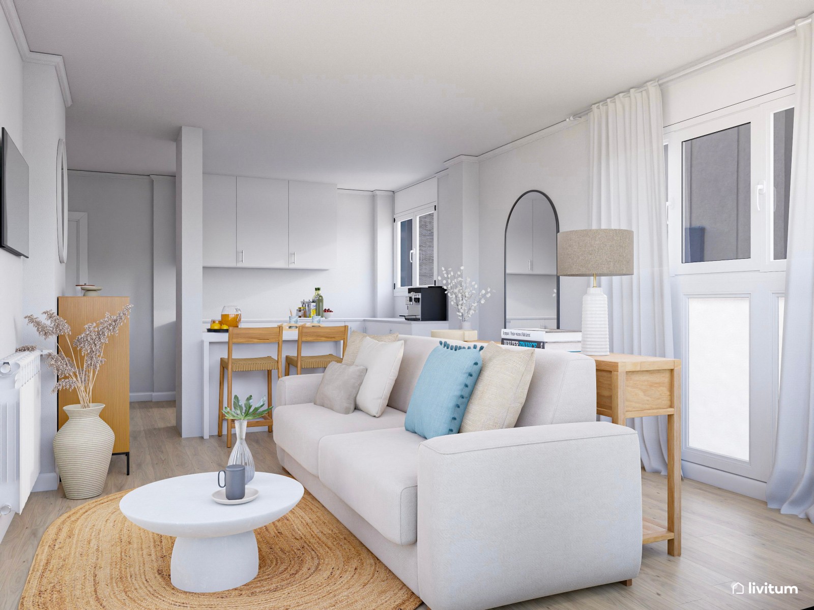 Salón comedor con cocina abierta de 25 m² de estilo mediterráneo