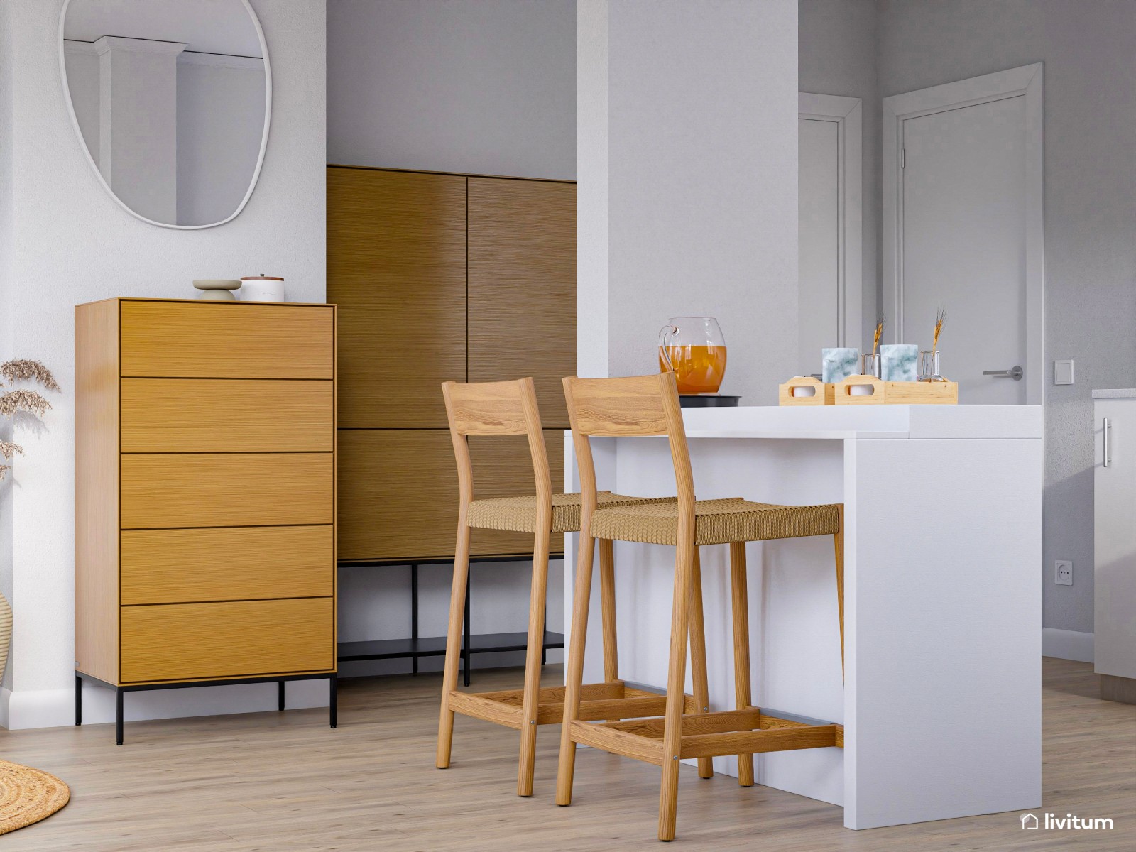 Salón comedor con cocina abierta de 25 m² de estilo mediterráneo