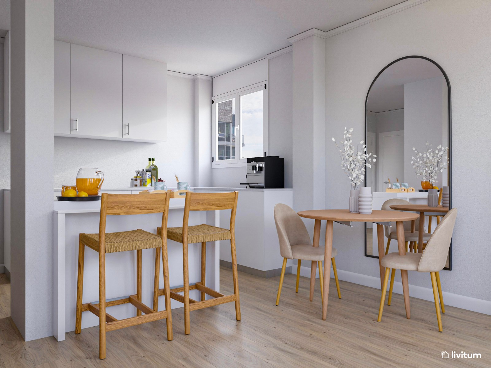 Salón comedor con cocina abierta de 25 m² de estilo mediterráneo