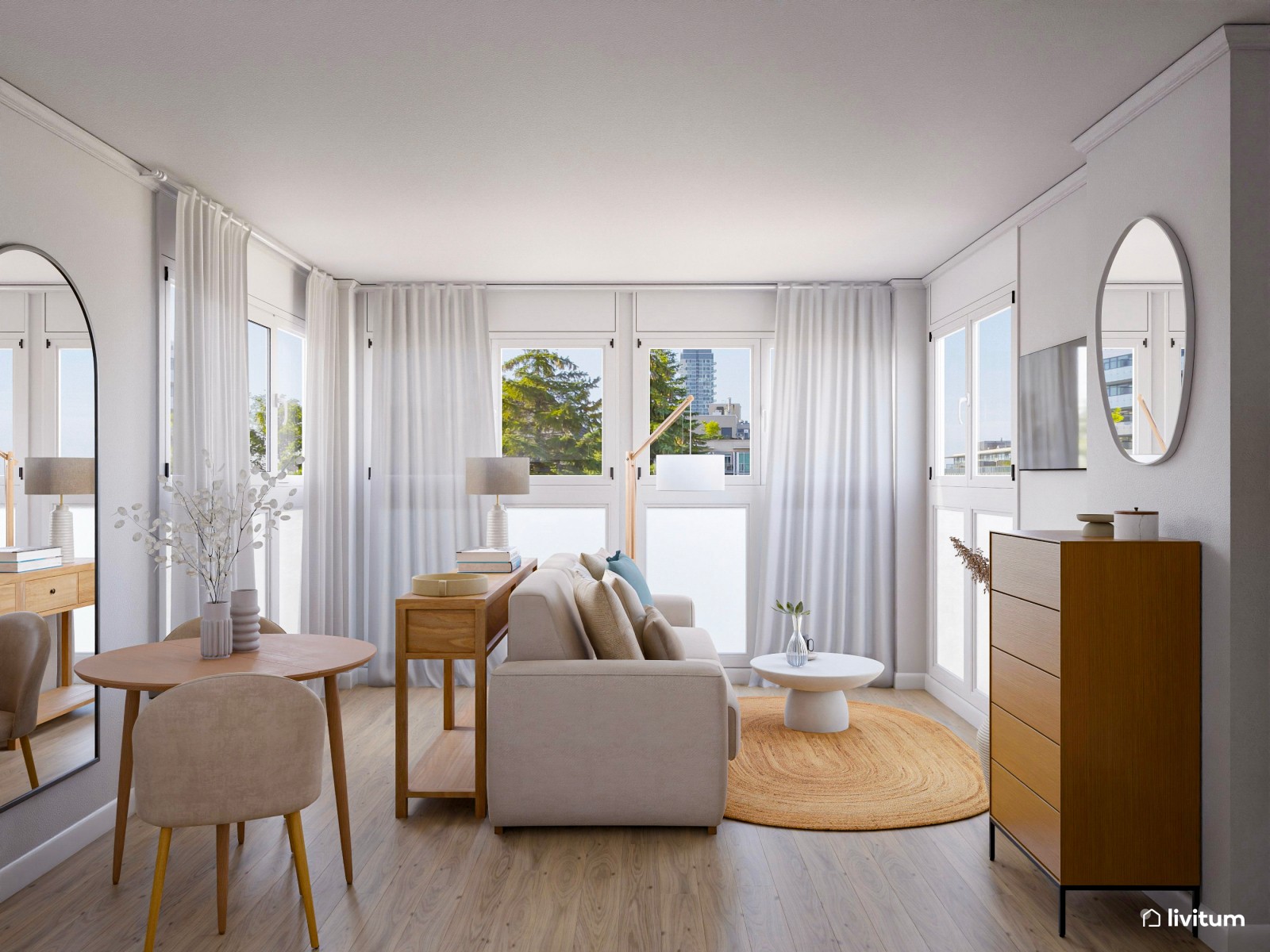 Salón comedor con cocina abierta de 25 m² de estilo mediterráneo