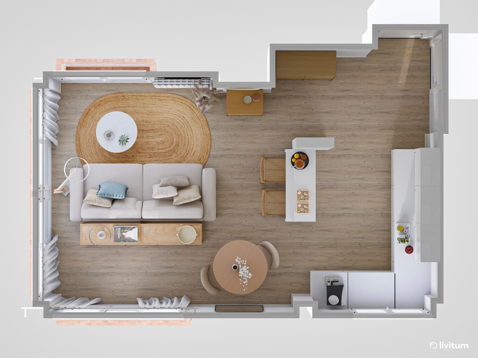 Salón comedor con cocina abierta de 25 m² de estilo mediterráneo