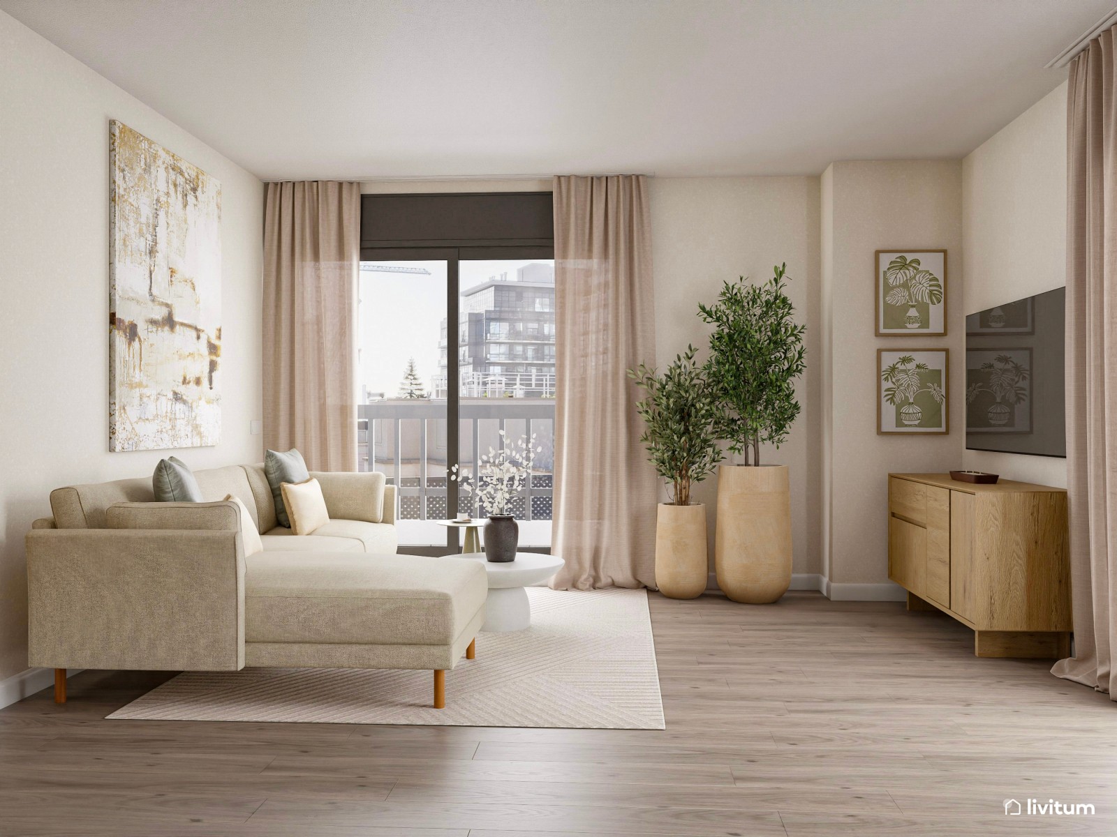 Salón comedor con cocina abierta de estilo nórdico con listones de madera y suelo de madera de roble