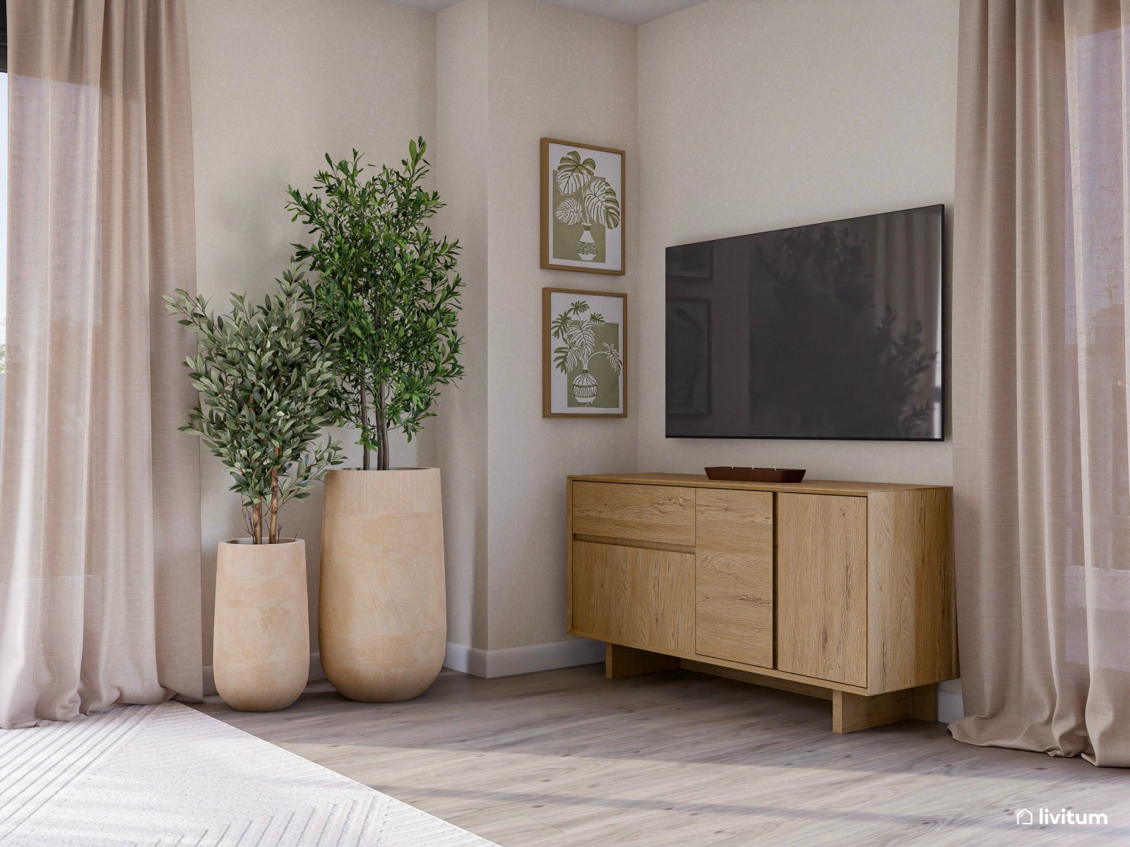 Salón comedor con cocina abierta de estilo nórdico con listones de madera y suelo de madera de roble