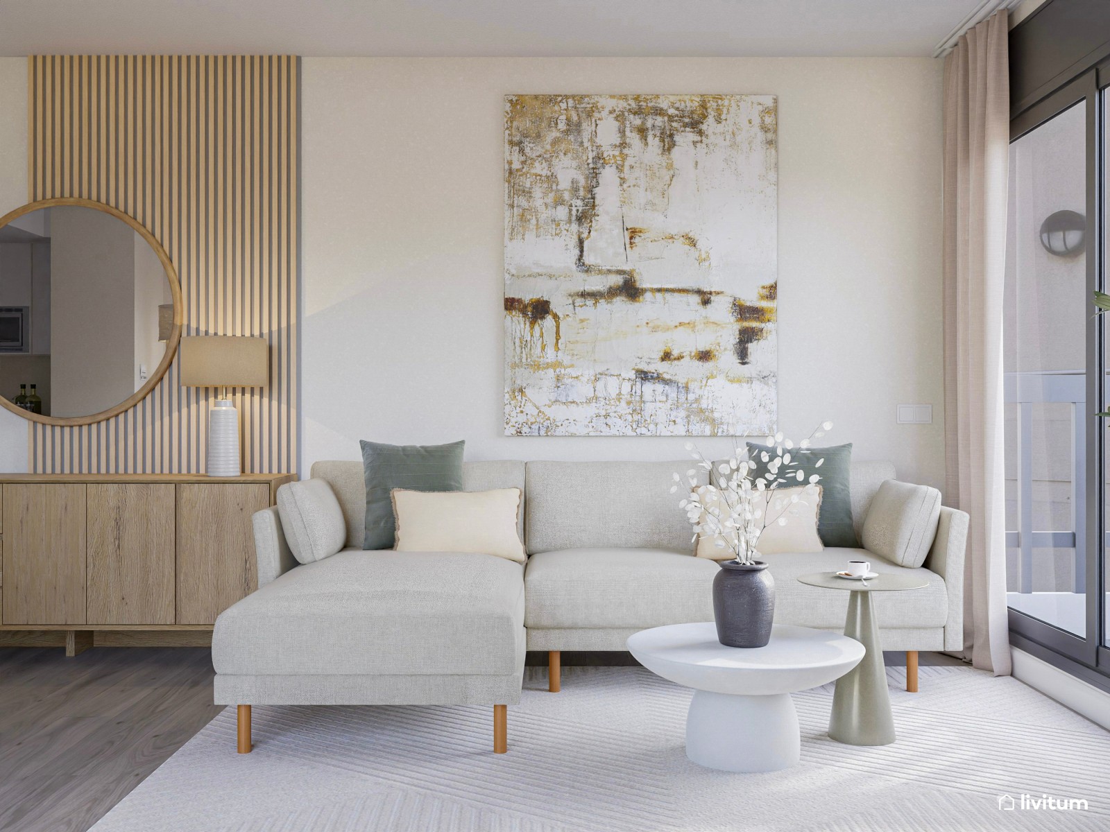 Salón comedor con cocina abierta de estilo nórdico con listones de madera y suelo de madera de roble
